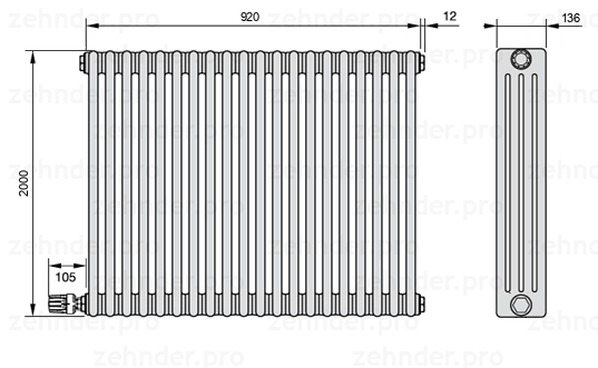 Схема (чертеж) Радиатор Zehnder Charleston 4200/20 №V003 Белый глянцевый RAL 9016